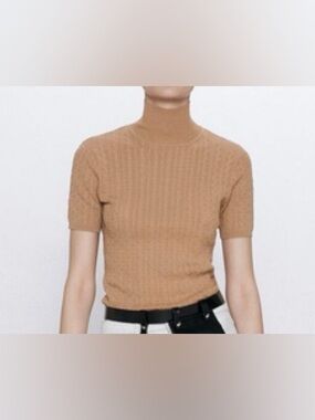 NWT- Zara Caramel Brown Cable Knit Pearl Button High Neck Top Large